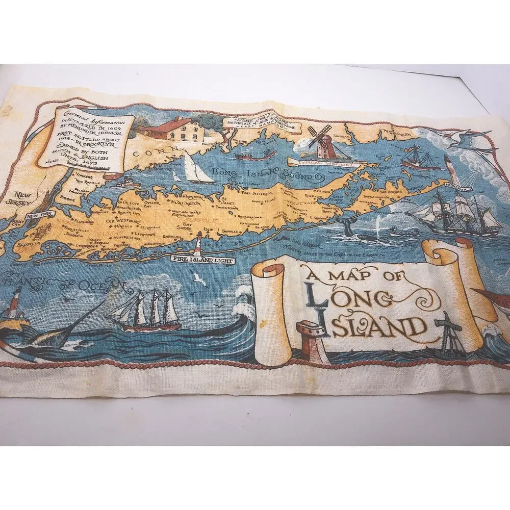 Vintage Long Island Map Linen Tea Towel Art Print by Richard Batchelder READ